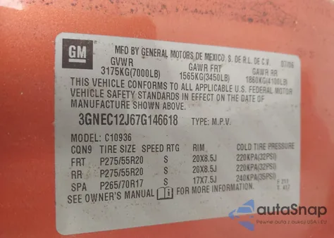 2007 Chevrolet Avalanche 1500 Ltz z USA, uszkodzony, nr VIN 3GNEC12J67G146618